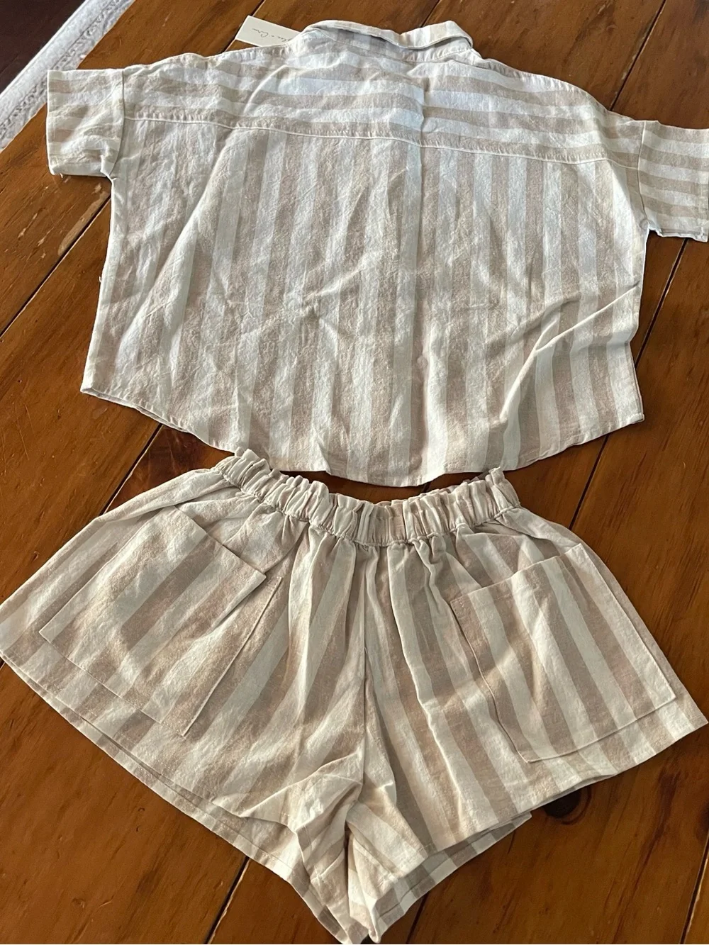 Rylee Cru Striped Button Front Short Set in Cream and Tan